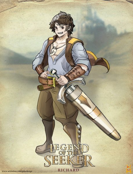 Anime picture 1500x1965 with legend of the seeker richard cypher pikatya single tall image looking at viewer short hair smile brown eyes full body copyright name character names hand on hip grin unsheathing boy weapon sword knee boots sheath
