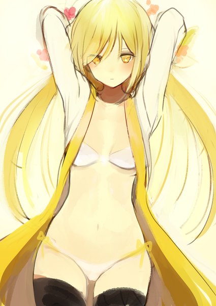 Anime picture 650x918 with original lpip single long hair tall image looking at viewer blush fringe breasts light erotic blonde hair standing twintails yellow eyes hair over one eye open clothes bare belly midriff underwear only flat chest