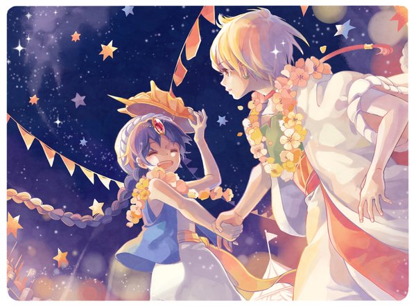 Anime picture 1000x739 with magi the labyrinth of magic a-1 pictures aladdin (magi) ali baba saluja gemini (kokoma) short hair open mouth blonde hair yellow eyes blue hair eyes closed very long hair profile night sparkle night sky holding hands boy flower (flowers) earrings
