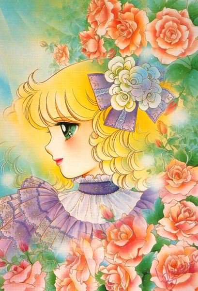 Anime picture 972x1427 with candy candy toei animation candice white ardlay long hair tall image fringe blonde hair twintails green eyes profile hair flower lips sunlight wavy hair curly hair girl hair ornament flower (flowers) bow hair bow