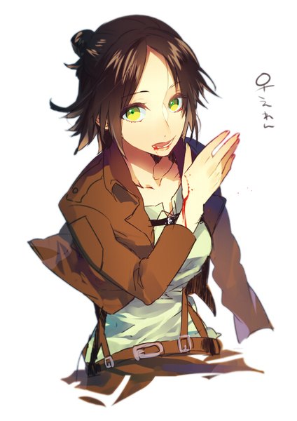 Anime picture 600x848 with shingeki no kyojin production i.g eren yaeger kyama single tall image short hair open mouth simple background brown hair white background green eyes yellow eyes upper body from above open jacket hair bun (hair buns) text multicolored eyes genderswap