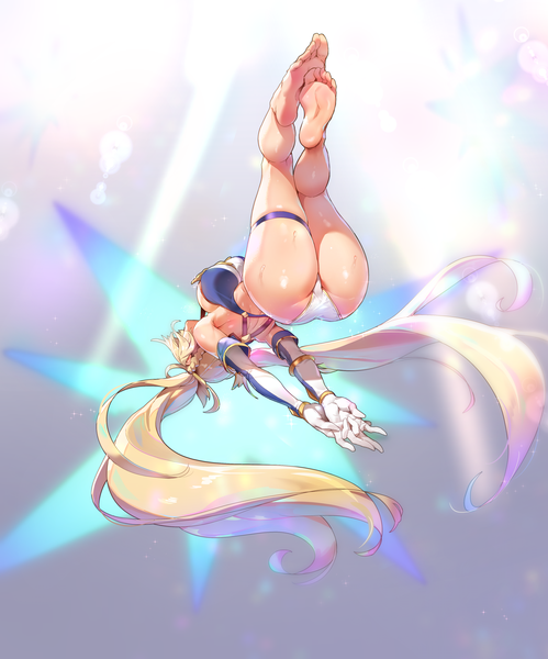 Anime picture 3045x3663 with fate (series) fate/grand order bradamante (fate/grand order) muloli single long hair tall image highres breasts light erotic blonde hair twintails bare shoulders absurdres full body bent knee (knees) ass braid (braids) barefoot blurry