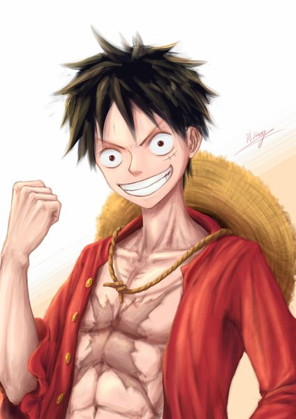 Anime picture 679x960 with one piece toei animation monkey d. luffy liang jian single tall image looking at viewer fringe short hair black hair simple background smile hair between eyes red eyes white background signed upper body open clothes grin scar