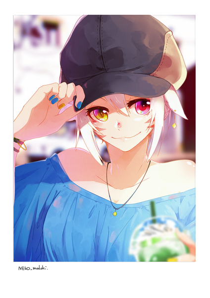 Anime picture 1060x1500 with final fantasy final fantasy xiv square enix miqo'te lili mdoki single long hair tall image looking at viewer fringe smile hair between eyes holding signed yellow eyes upper body white hair nail polish pink eyes fingernails