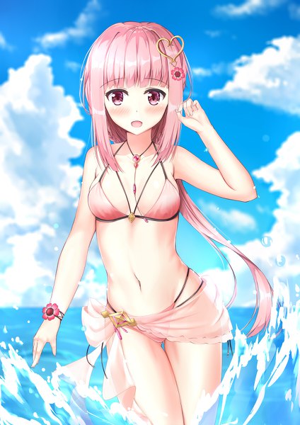 Anime picture 848x1200 with mahou shoujo madoka magica magia record: mahou shoujo madoka magica gaiden shaft (studio) tamaki iroha muwa12 single long hair tall image looking at viewer blush fringe breasts open mouth light erotic standing payot pink hair sky cleavage cloud (clouds)