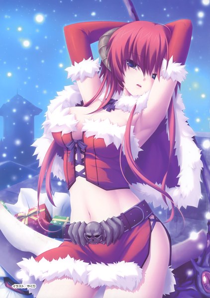 Anime picture 2463x3500 with kamidori alchemy meister eushully ragsmuena single long hair tall image looking at viewer highres blue eyes light erotic red hair horn (horns) armpit (armpits) snowing christmas winter demon girl merry christmas girl skirt