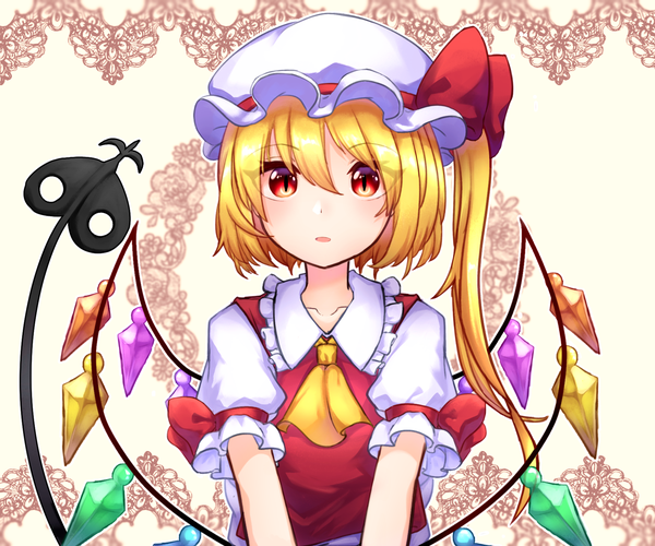 Anime picture 1800x1500 with touhou flandre scarlet mozuno (mozya 7) single looking at viewer fringe highres short hair blonde hair hair between eyes red eyes upper body one side up slit pupils girl weapon hat wings bonnet ascot