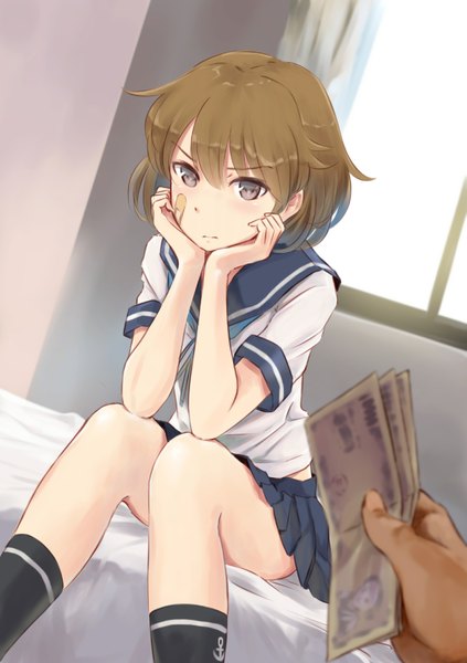 Anime picture 1223x1736 with kantai collection oboro destroyer wa (genryusui) single tall image looking at viewer blush short hair brown hair sitting purple eyes chin rest bandaid on face girl skirt miniskirt socks sailor suit bandaid money