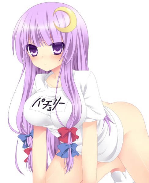 Anime picture 1000x1230 with touhou patchouli knowledge etou (cherry7) single long hair tall image looking at viewer blush light erotic simple background white background purple eyes purple hair character names on all fours clothes writing bottomless girl bow hair bow
