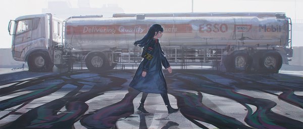 Anime picture 1698x724 with original reoen single long hair wide image blue hair looking away full body outdoors long sleeves profile black eyes shadow walking girl dress boots ground vehicle armband truck