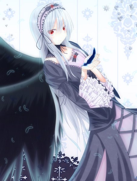 Anime picture 889x1176 with rozen maiden suigintou nagishiro mito single long hair tall image red eyes white hair girl dress wings frills headdress feather (feathers)
