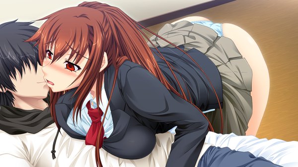 Anime picture 1280x720 with dekakute ecchi na ore no ane long hair blush breasts open mouth light erotic red eyes brown hair wide image game cg breast press kiss girl boy skirt uniform underwear panties school uniform miniskirt