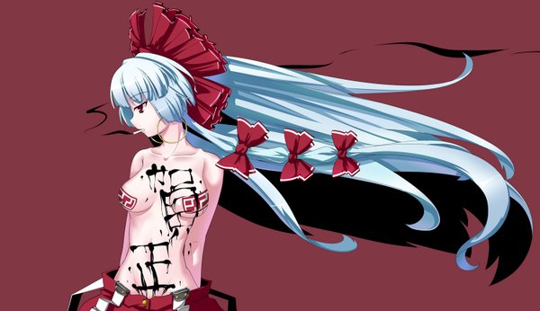 Anime picture 1500x866 with touhou fujiwara no mokou tama (speedgrapher) single long hair breasts light erotic red eyes wide image blue hair topless smoke hands behind back smoking girl bow hair bow cigarette