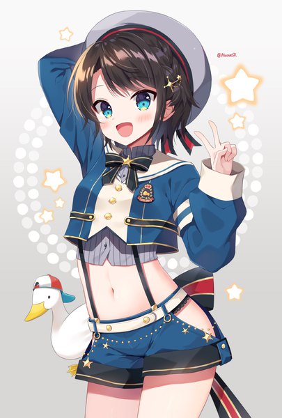 Anime picture 810x1200 with virtual youtuber hololive oozora subaru subaru duck oozora subaru (2nd costume) mauve single tall image short hair open mouth blue eyes black hair signed :d grey background midriff twitter username victory arm behind head girl