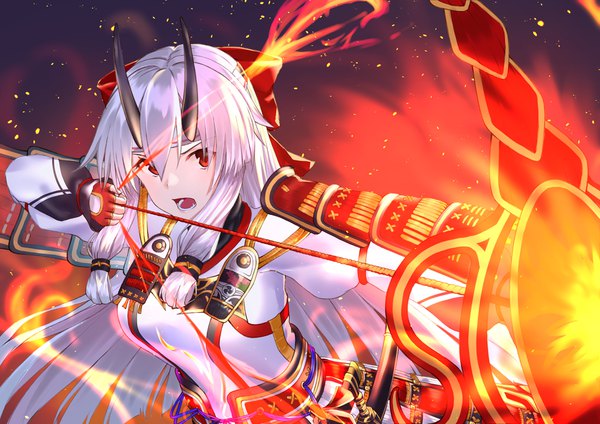 Anime picture 4093x2894 with fate (series) fate/grand order tomoe gozen (fate) takubon single long hair looking at viewer fringe highres open mouth hair between eyes red eyes holding absurdres silver hair traditional clothes japanese clothes horn (horns) teeth fighting stance