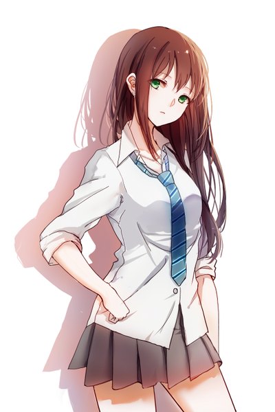 Anime picture 1000x1500 with idolmaster idolmaster cinderella girls shibuya rin ametani single long hair tall image looking at viewer fringe simple background brown hair standing white background green eyes pleated skirt shadow light open collar twisty sleeves girl