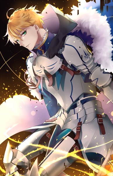 Anime picture 1612x2500 with fate (series) fate/prototype arthur pendragon (fate) ichinose rei single tall image looking at viewer fringe short hair blonde hair hair between eyes green eyes ahoge fur trim boy armor fur cape