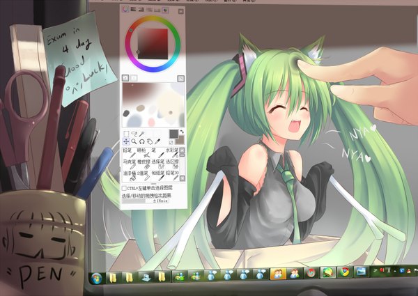 Anime picture 1800x1275 with vocaloid windows (operating system) windows 7 hatsune miku dreamlight2000 highres open mouth twintails animal ears eyes closed very long hair cat ears aqua hair girl detached sleeves necktie pen monitor scissors leek