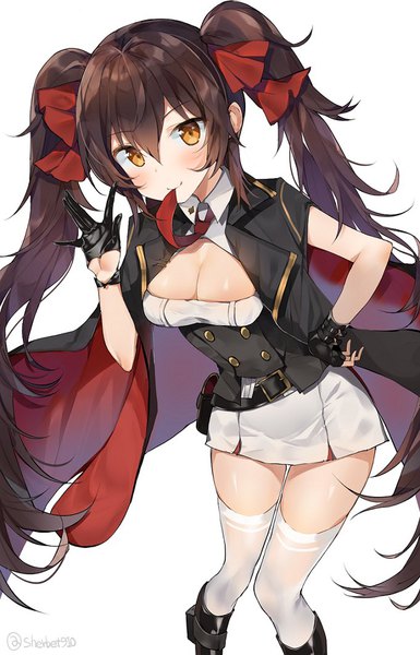 Anime picture 681x1059 with girls frontline qbz-97 (girls frontline) sabet (young ouo) single tall image looking at viewer blush fringe breasts light erotic simple background hair between eyes brown hair large breasts standing white background twintails holding signed payot