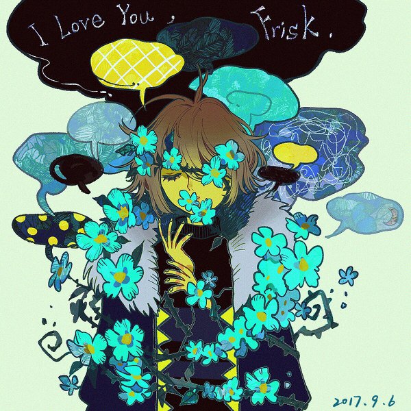 Anime picture 1200x1200 with undertale frisk (undertale) diesel.2b (artist) single short hair simple background brown hair white background eyes closed inscription fur trim text holding hands dated english androgynous 2017 yellow skin flower (flowers) fur