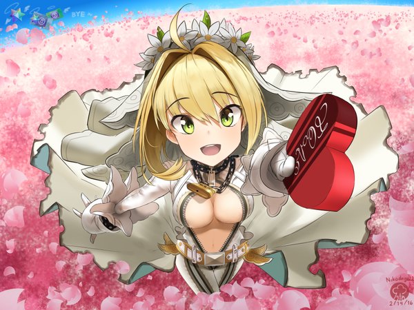 Anime picture 3800x2850 with fate (series) fate/grand order fate/extra fate/extra ccc nero claudius (fate) (all) nero claudius (fate) nero claudius (bride) (fate) nekodayo22 single looking at viewer blush fringe highres short hair breasts open mouth light erotic blonde hair smile hair between eyes