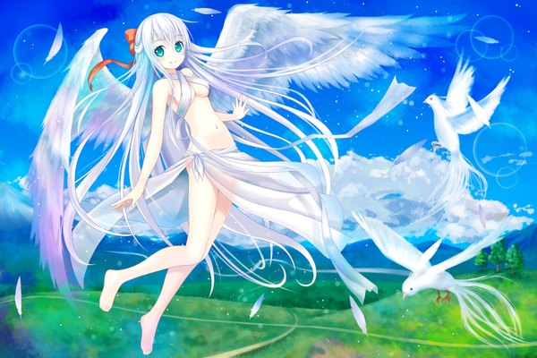 Anime picture 1860x1240 with original setona (daice) single long hair looking at viewer blush highres light erotic smile bare shoulders sky cloud (clouds) white hair barefoot aqua eyes bare belly underboob girl navel hair ornament