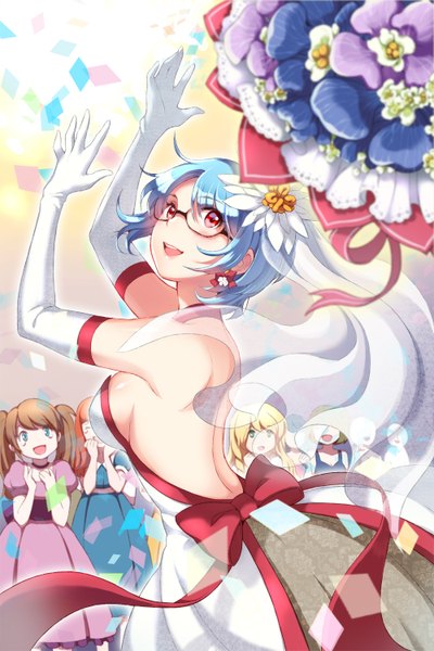 Anime picture 1000x1500 with sword girls esprit wooni tall image short hair open mouth red eyes bare shoulders multiple girls blue hair wedding girl dress gloves flower (flowers) bow glasses elbow gloves bouquet 5 girls