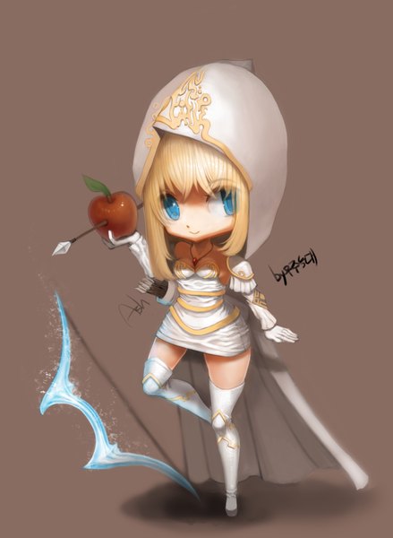 Anime picture 1462x2000 with league of legends ashe (league of legends) yoonyuljjang chrier single long hair tall image looking at viewer blue eyes blonde hair simple background signed chibi girl weapon hood cloak apple bow (weapon) arrow (arrows)