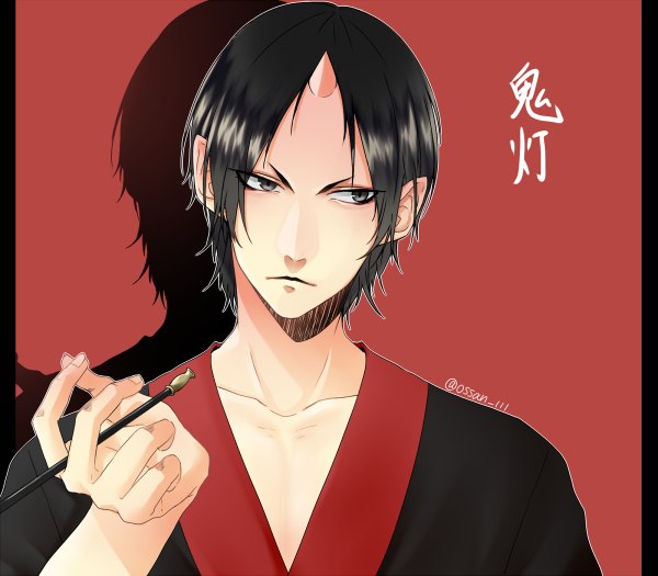 Anime picture 1200x1050 with hoozuki no reitetsu wit studio hoozuki (hoozuki no reitetsu) kuwa ayase single short hair black hair simple background signed looking away traditional clothes japanese clothes horn (horns) pointy ears black eyes shadow character names portrait red background oni horns