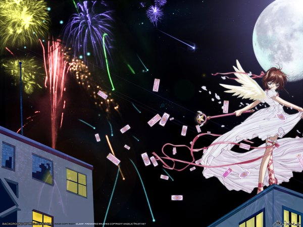 Anime picture 1600x1200 with card captor sakura clamp kinomoto sakura night fireworks moon hoshi no tsue