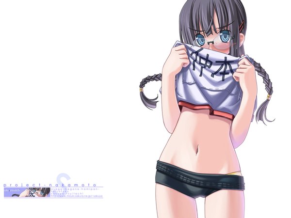 Anime picture 1600x1200 with original sakuya tsuitachi long hair blush blue eyes light erotic black hair simple background white background braid (braids) twin braids freckles girl navel uniform hair ornament glasses shorts hairclip gym uniform