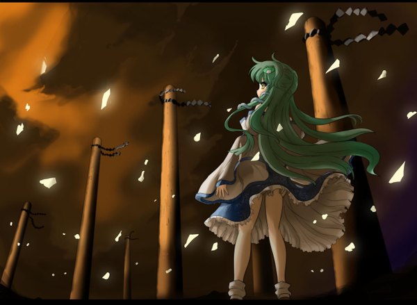 Anime picture 1280x938 with touhou kochiya sanae north abyssor single long hair yellow eyes sky cloud (clouds) green hair wind from behind girl dress
