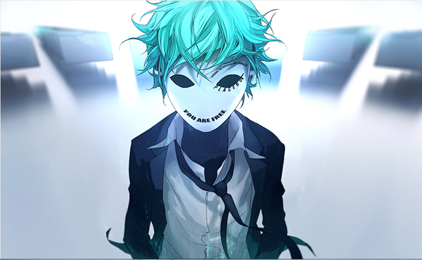 イラスト 800x494 と fisheye placebo yuumei カメラ目線 短い髪 wide image long sleeves aqua hair inscription text english messy hair cropped 男性 シャツ ネクタイ 仮面 スーツ