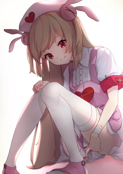 Anime picture 2894x4093 with virtual youtuber sana channel natori sana takuo single long hair tall image highres simple background blonde hair red eyes white background sitting two side up looking down nurse adjusting footwear girl thighhighs uniform
