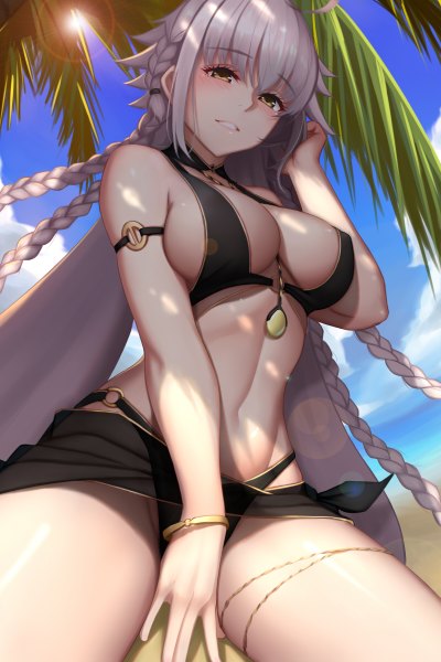 Anime picture 800x1200 with fate (series) fate/grand order jeanne d'arc (fate) (all) jeanne d'arc alter (fate) dydydyok single tall image looking at viewer blush fringe breasts light erotic hair between eyes large breasts sitting twintails bare shoulders yellow eyes payot sky