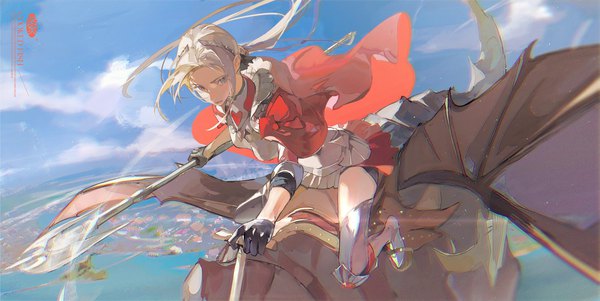 Anime picture 2048x1029 with fire emblem fire emblem: three houses fire emblem warriors: three hopes nintendo edelgard von hresvelg shuyu08382645 single long hair highres wide image purple eyes signed looking away sky silver hair cloud (clouds) full body outdoors wind flying