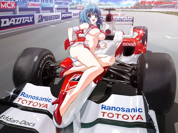 Anime picture 1365x1024 with galge.com imanaka koutarou blue eyes light erotic blue hair wallpaper underboob covered nipples girl ground vehicle car