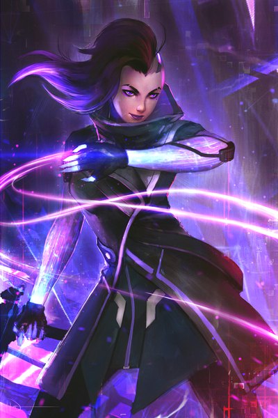 Anime picture 800x1200 with overwatch blizzard entertainment sombra (overwatch) ninjatic single long hair tall image black hair purple eyes blue hair looking away pink hair purple hair multicolored hair lips mole two-tone hair mole under eye lipstick floating hair