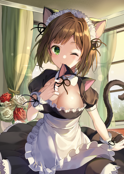 Anime picture 679x950 with idolmaster idolmaster cinderella girls idolmaster cinderella girls starlight stage maekawa miku pinb single tall image looking at viewer blush fringe short hair breasts light erotic brown hair large breasts standing holding green eyes animal ears indoors