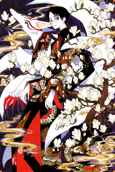 Anime picture 1008x1500 with xxxholic clamp watanuki kimihiro single tall image short hair black hair purple eyes traditional clothes japanese clothes scan smoke multiple tails boy flower (flowers) plant (plants) animal tree (trees) glasses kimono