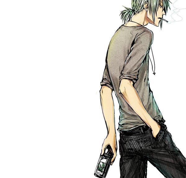 Anime picture 1000x960 with original uraki (tetsu420) single short hair simple background standing white background looking away ponytail profile green hair grey hair black eyes smoke third-party edit hand in pocket smoking twisty sleeves alternate age extended