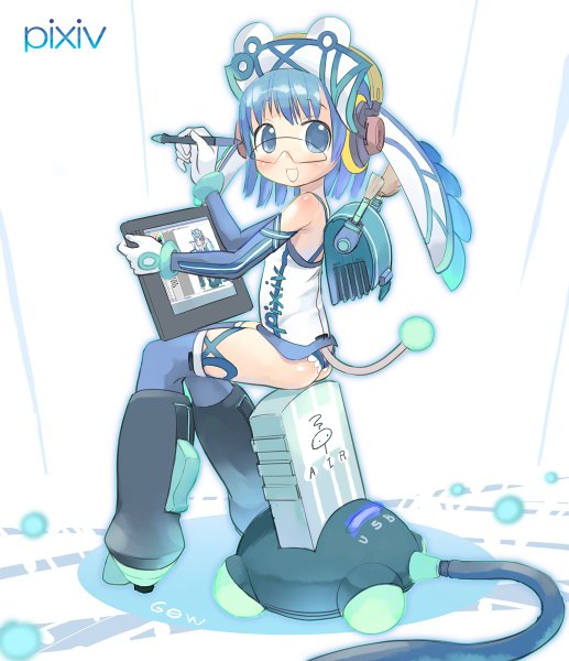 Anime picture 1034x1200 with original pixiv pixiv-tan tougetsu gou single tall image blush short hair blue eyes sitting blue hair tail looking back futuristic girl gloves glasses elbow gloves headphones