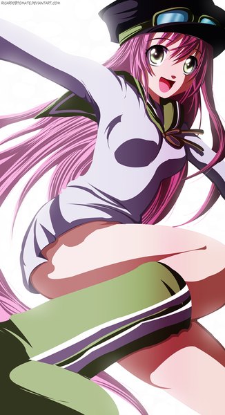 Anime picture 800x1470 with air gear toei animation simca ric9duran single long hair tall image open mouth simple background smile white background pink hair pleated skirt grey eyes coloring girl skirt thigh boots goggles peaked cap