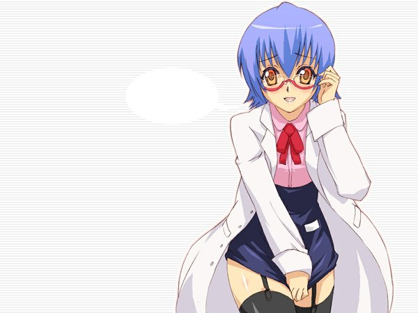 Anime picture 1024x768 with mahou sensei negima! izumi ako haruka shiya short hair yellow eyes blue hair zettai ryouiki skin tight thighhighs glasses garter straps labcoat