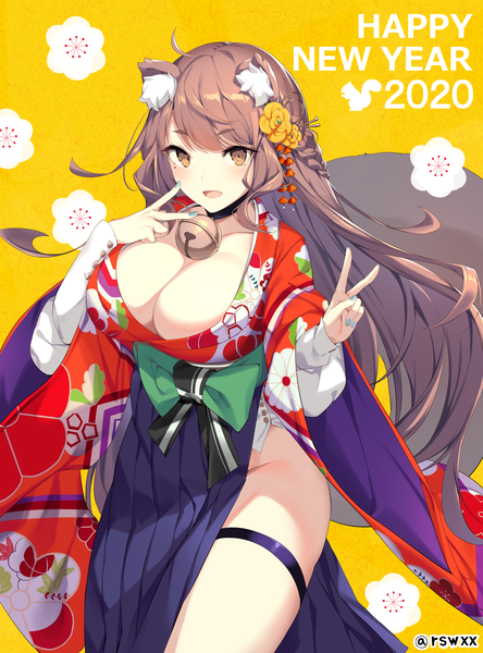 Anime picture 2756x3720 with original ikomochi single long hair tall image looking at viewer blush fringe highres breasts open mouth light erotic simple background smile brown hair large breasts standing brown eyes signed animal ears