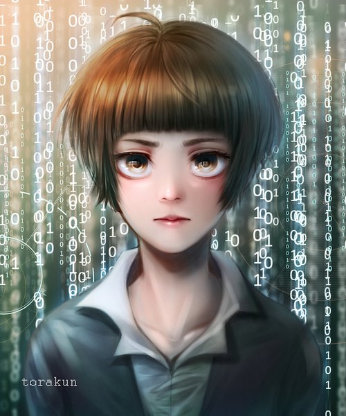 Anime picture 833x1000 with psycho-pass production i.g tsunemori akane torakun14 single tall image looking at viewer fringe short hair brown hair brown eyes signed upper body ahoge blunt bangs portrait binary girl
