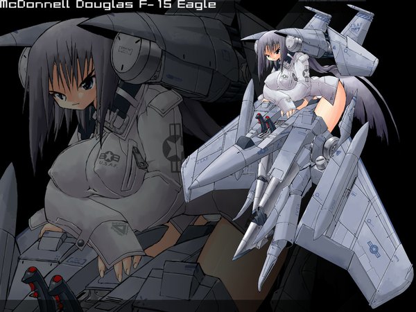 Anime picture 1024x768 with yonezuka ryou long hair light erotic frown military mecha musume aircraft airplane jet f-15