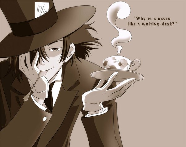 Anime picture 1006x795 with tagme (artist) single looking at viewer fringe short hair black hair simple background light smile black eyes hair over one eye inscription steam boy gloves hat shirt necktie suit cup spoon