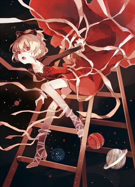 Anime picture 750x1035 with touhou kurodani yamame clea single tall image looking at viewer short hair open mouth blonde hair red eyes teeth :o fang (fangs) high heels girl dress bow ribbon (ribbons) hair bow star (stars)