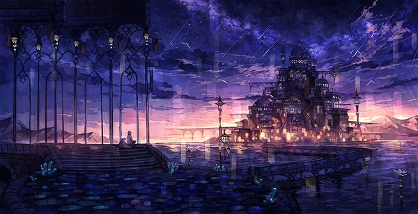 Anime picture 1100x565 with original mura karuki single short hair wide image sitting sky evening horizon mountain panorama twilight boy animal water bird (birds) building (buildings) lantern stairs crystal